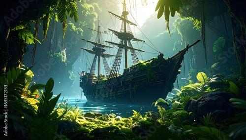 Sunlit ship in jungle cave