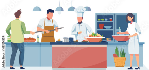 Chef and cook preparing dishes in a busy kitchen, serving food to customers in a vibrant vector illustration.
