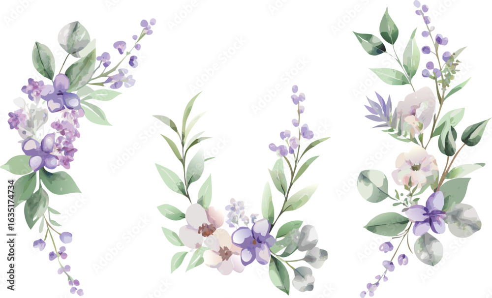 Fototapeta premium Watercolor floral wreath featuring vibrant purple flowers and lush green leaves arranged in a circular design.