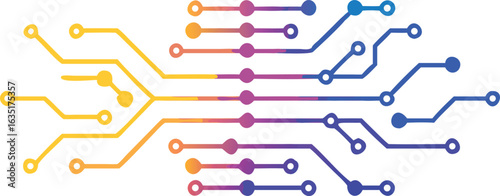 A close-up of a circuit board featuring vibrant, colorful lines connecting various components.
