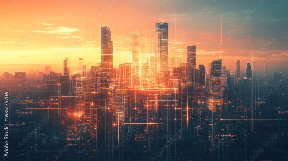 Fototapeta premium digital metropolis sunrise glow with interconnected network lines reflecting innovation and progress showcasing future of smart cities and technological connectivity landscape