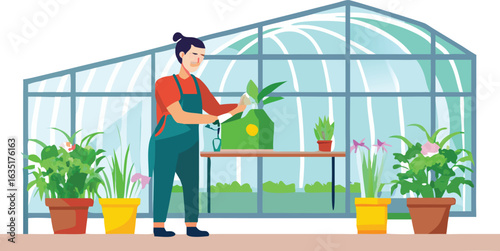 A woman stands in front of a greenhouse filled with various plants, showcasing her interest in gardening and horticulture.