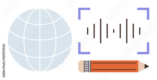 Globe, soundwave scan, and pencil highlight international communication, voice recognition, and creative content creation. Ideal for technology, AI, education, globalization media design