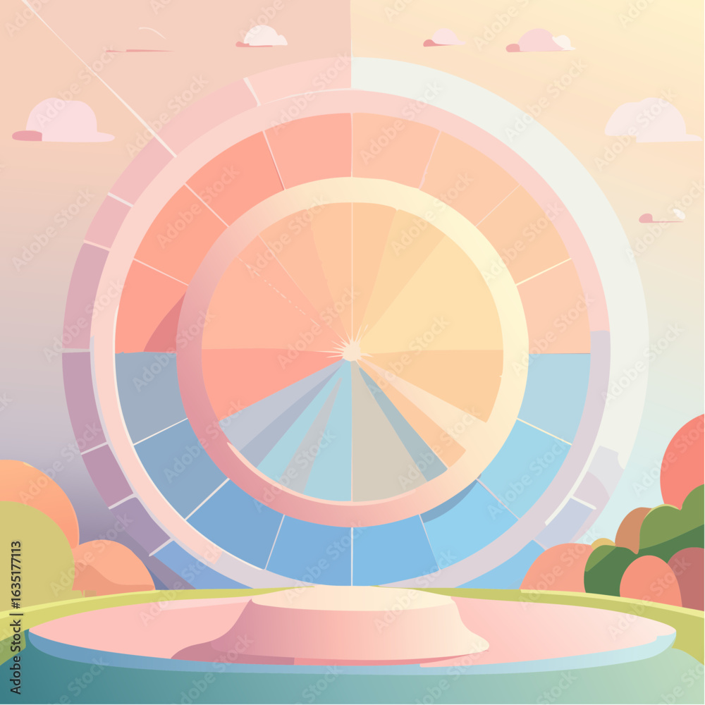 Obraz premium A stylized circular structure with pastel color segments sits on a platform in a serene, minimalist landscape.