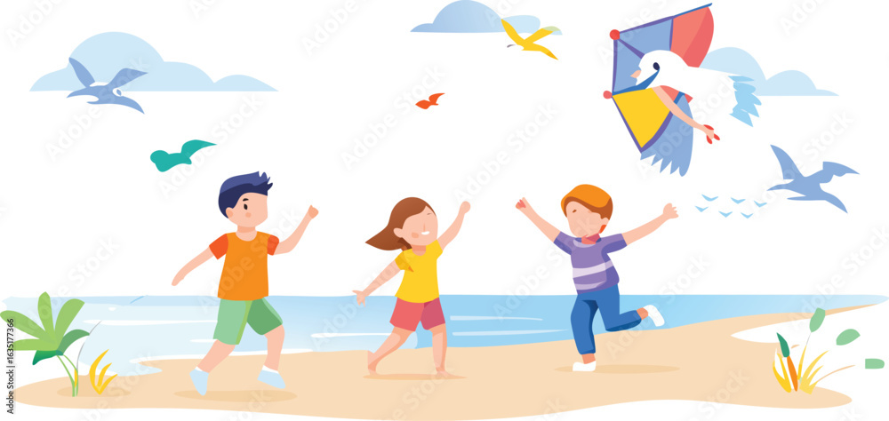 Fototapeta premium Children joyfully playing on the beach, flying colorful kites against a clear blue sky.
