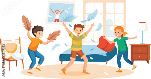Cartoon illustration of children playfully fighting in a colorful bedroom, showcasing their playful energy and imagination.