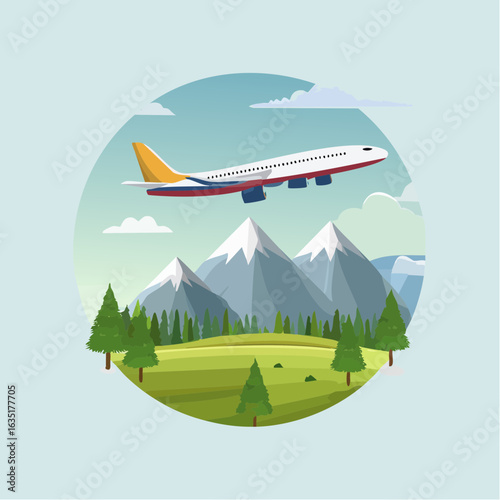 Stylized depiction of a passenger plane flying over a scenic mountain landscape