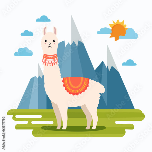 Adorable Llama in Mountain Landscape: A Charming Cartoon Illustration Capturing Nature's Beauty