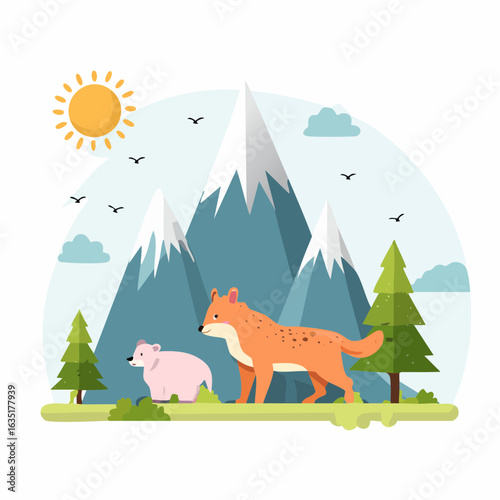 Fox and Bear Cub in a Serene Mountain Landscape Under a Bright Sunny Sky