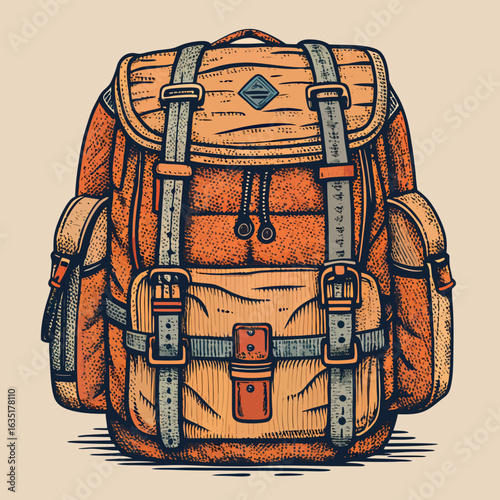 Vintage style illustration of an orange hiking backpack with straps and buckles