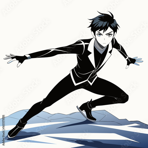 Dynamic anime figure skater in black suit performing on ice