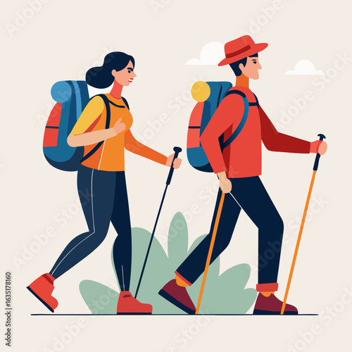 Couple hiking together with backpacks and trekking poles enjoying outdoor adventure