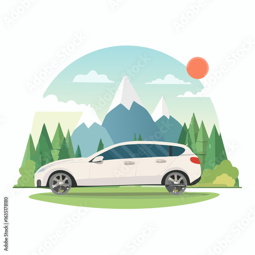 Modern car traveling on a scenic road trip with mountain landscape in the background