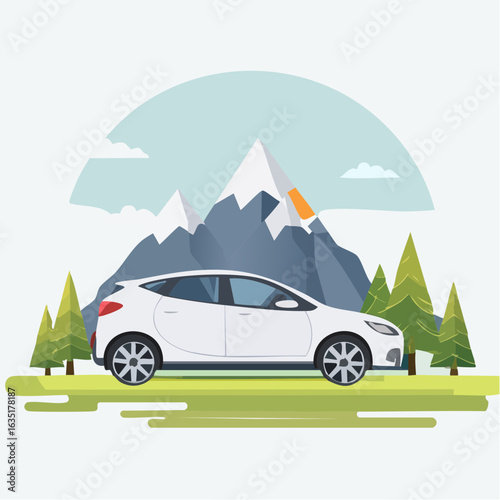 A scenic drive: White car amidst a mountain range, symbolizing adventure and travel plans