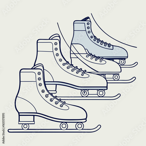 Retro roller skates with blades in a line on a light background
