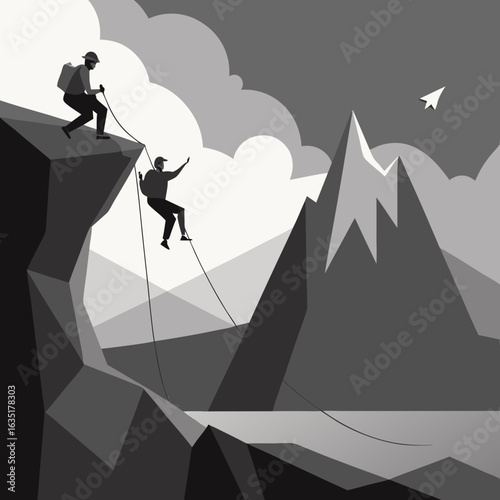 Two mountaineers rappelling down a steep mountain face with a majestic peak in the background