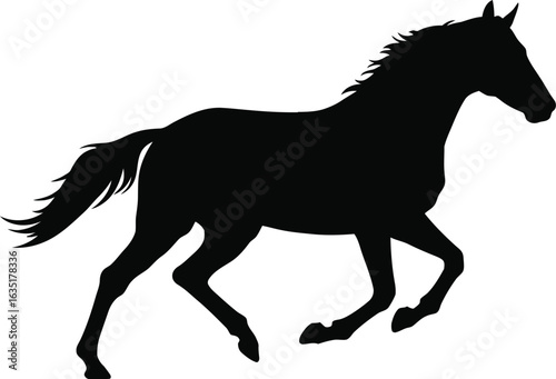 Silhouette of a horse in a running pose against a white background.