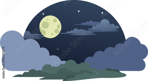 Vector illustration of a night sky featuring a glowing moon partially obscured by soft clouds.