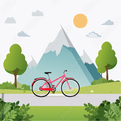 Scenic bike ride adventure with mountain views and the sun shining above a picturesque landscape