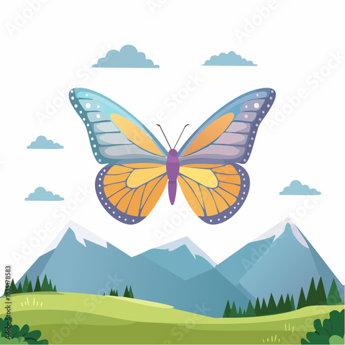 Serene Butterfly Illustration Against a Backdrop of Mountains and Blue Sky Landscape