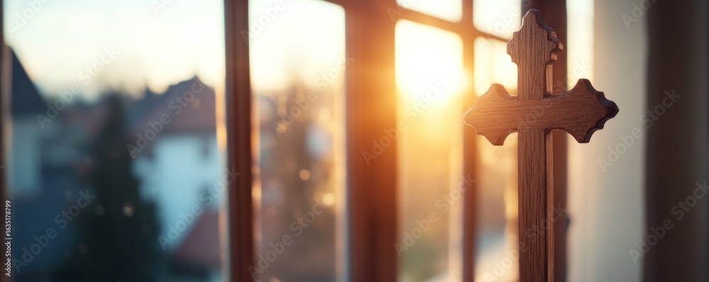 Naklejka premium Wooden cross hanging on window with sunlight religion spirituality peace