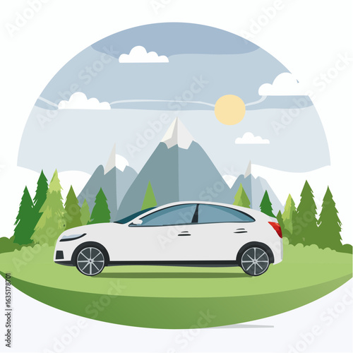 A contemporary car illustration showcasing automotive design amidst a scenic mountain landscape
