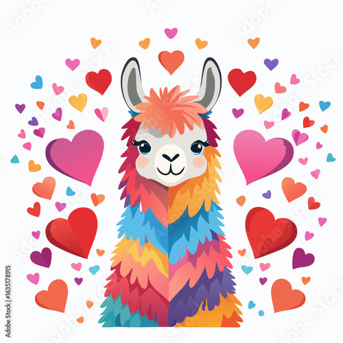 Adorable Llama surrounded by hearts, conveying love and cuteness with rainbow colors and charm