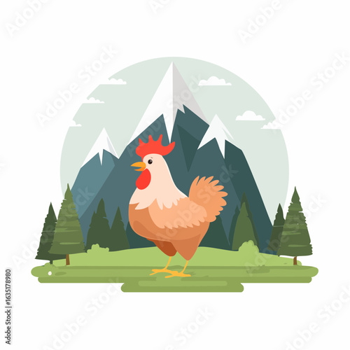Cartoon rooster standing proudly in front of a majestic mountain landscape illustration