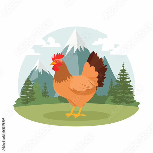 Majestic Rooster Standing Proudly Against a Scenic Mountain and Forest Backdrop Scene