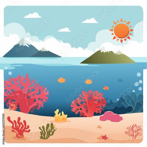 Cartoon illustration of a vibrant underwater scene with coral reefs and marine life