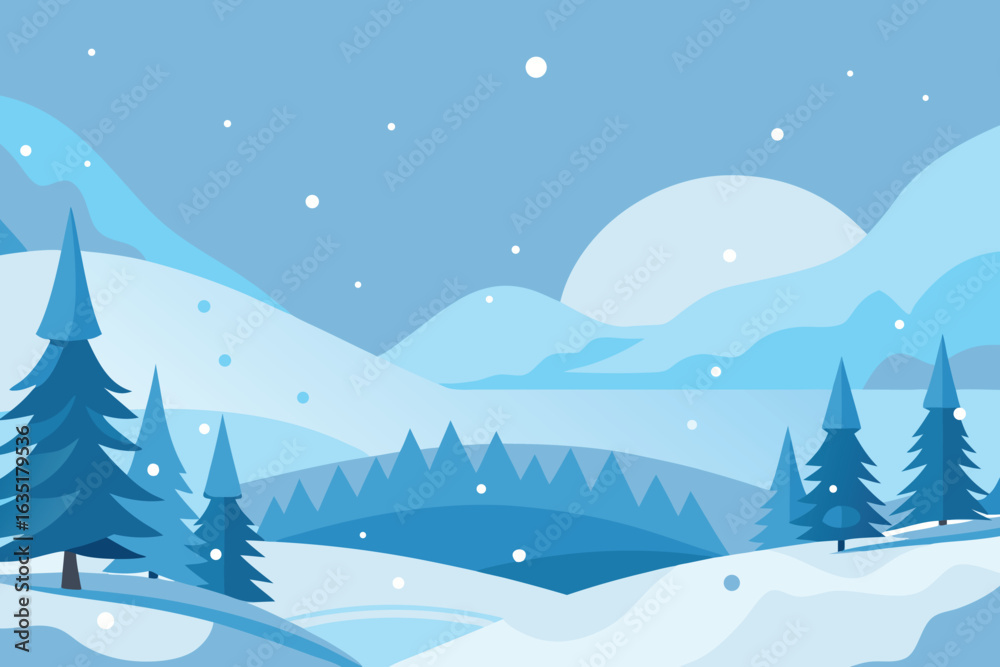 Naklejka premium Snow-covered winter landscape featuring tall trees against a clear blue sky.