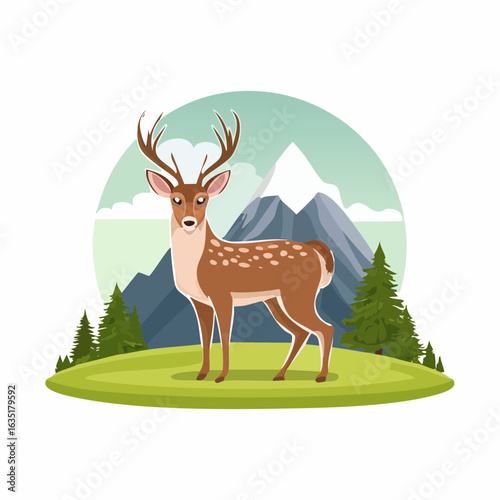 Charming deer illustration amidst serene mountainous landscape artwork and nature vibes
