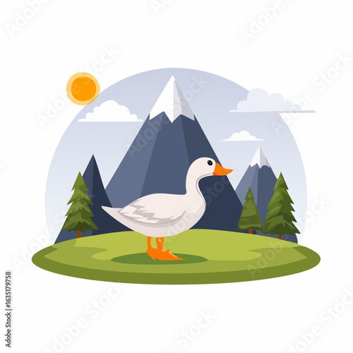 Stylized Cartoon Image of a White Duck in a Mountainous Landscape with a Warm Sun