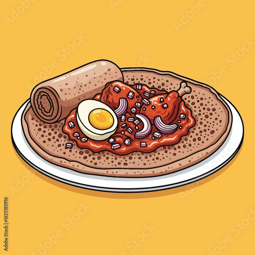 Delicious Ethiopian wat served on injera bread with chicken, egg, and onions.