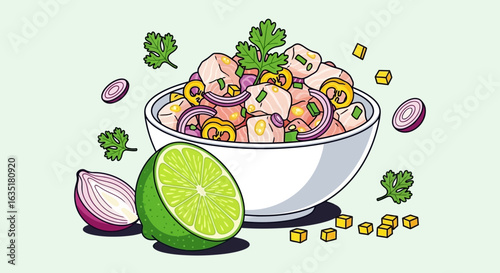 A vibrant illustration of a bowl of fresh Peruvian ceviche with lime, red onion, cilantro, and corn.