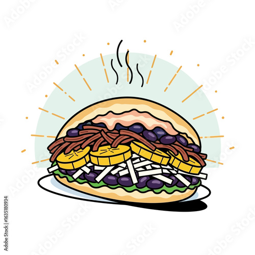 A cartoon illustration of a hot, steaming arepa filled with shredded meat, black beans, fried plantains, and cheese.