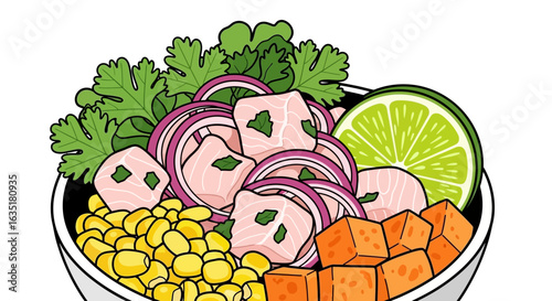 A vibrant illustration of a fresh ceviche bowl with raw fish, red onion, corn, sweet potato, cilantro, and lime.