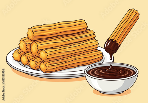 A cartoon illustration of a plate stacked with churros, with one being dipped into a bowl of chocolate sauce.