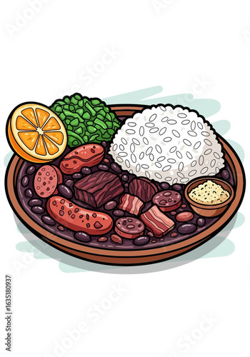 An illustration of a traditional Brazilian feijoada dish with black beans, assorted meats, rice, collard greens, farofa, and an orange slice.