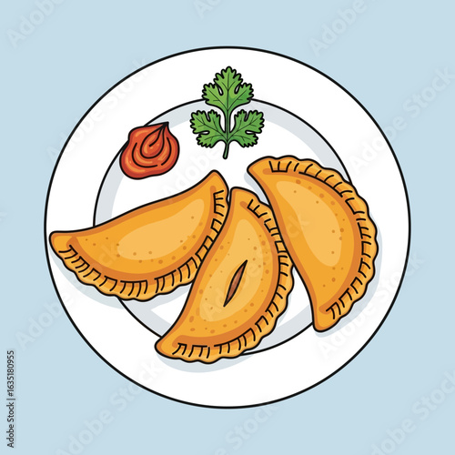 A top-down illustration of three golden-brown empanadas served on a white plate with a dollop of red sauce and a sprig of fresh cilantro, presented against a light blue background.