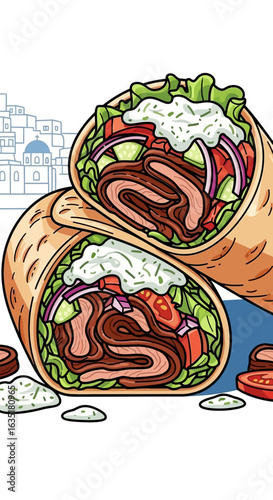 Deliciously prepared gyro wraps, generously filled with seasoned meat, fresh vegetables, and creamy sauce, presented against a backdrop of Greek-inspired architecture.
