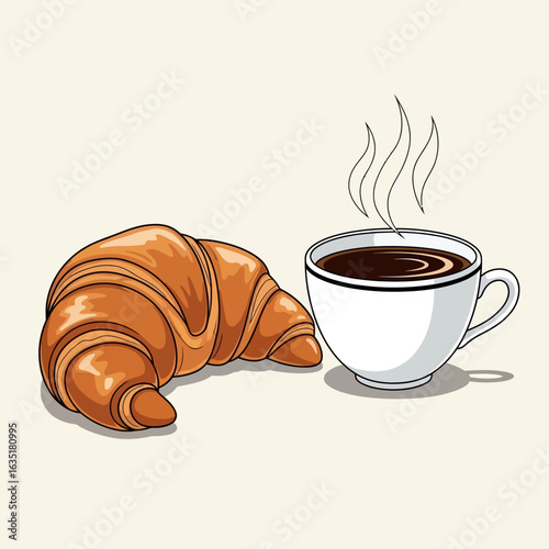 A freshly baked croissant and a steaming cup of coffee, a classic breakfast pairing.