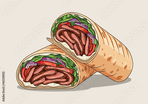 A tasty-looking shawarma wrap, cut in half, filled with sliced meat, fresh vegetables, and sauce, presented in a detailed illustration.