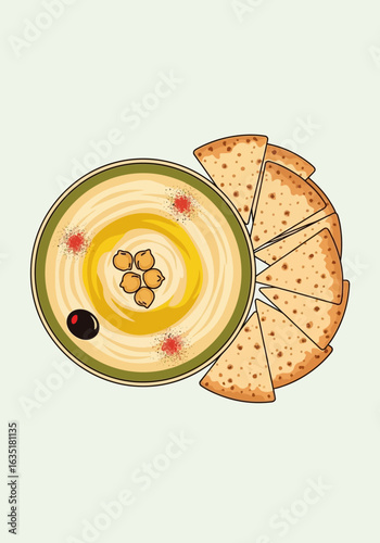 A top-down illustration of a bowl of hummus dip garnished with chickpeas and olive oil, served with triangular pita bread slices.