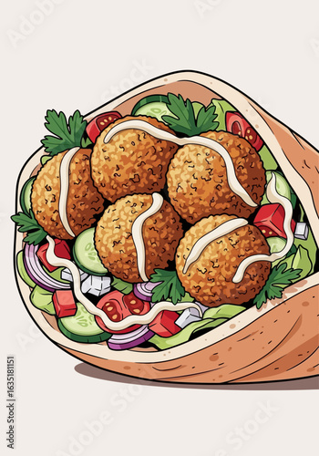 Cartoon illustration of a falafel wrap with vegetables and sauce, showcasing a delicious and colorful meal.