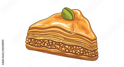 A triangular slice of baklava, topped with pistachio, showcasing layered pastry and syrup.