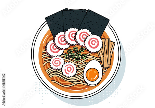 Overhead view of a colorful bowl of ramen with toppings.