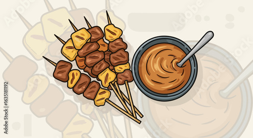 Cartoon illustration of skewers with meat and pineapple, served with a dipping sauce.