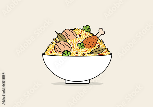 A stylized illustration of a bowl of flavorful chicken biryani.