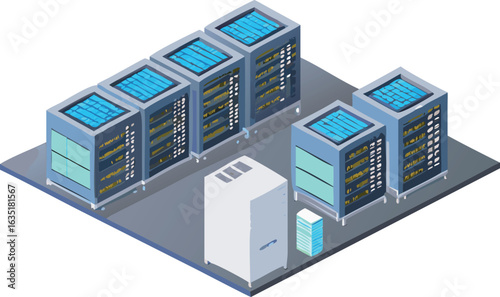 A computer server room featuring multiple racks filled with servers and networking equipment.